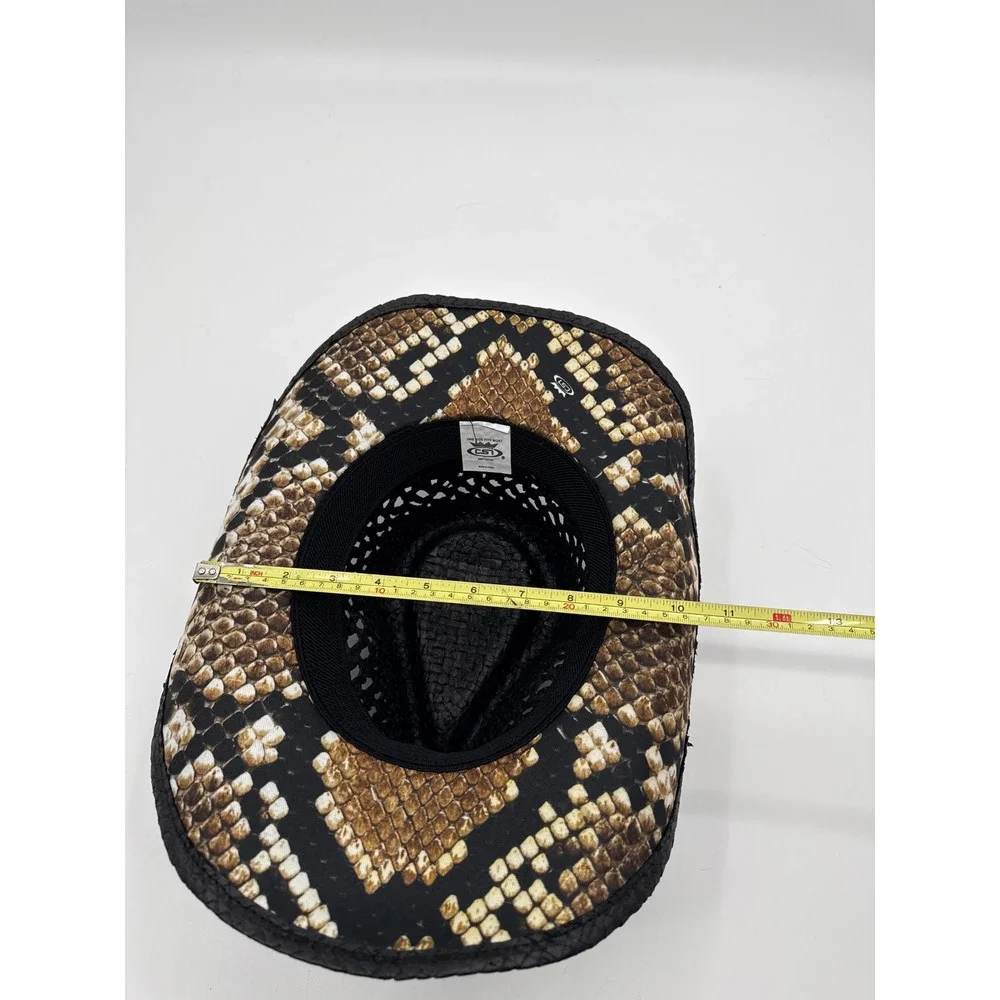 CSI Black Straw Cowboy Hat Snakeskin Print Brim Beaded Band Western Festival OS